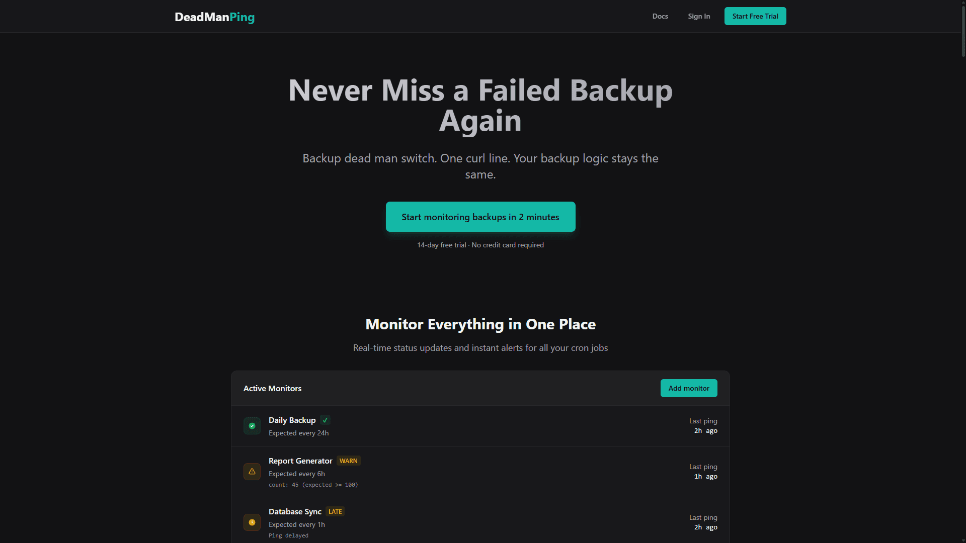 Dead Man Ping website: backup dead man switch and monitor list